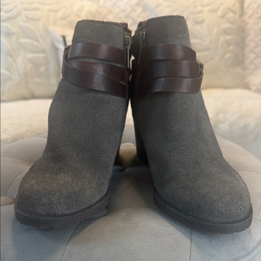 Sam Edelman Charcoal Suede Ankle Boots with Dark Brown Straps